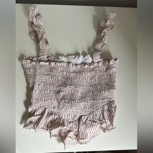 American Eagle Ruched Ruffle Striped Tank Top in Light Brown